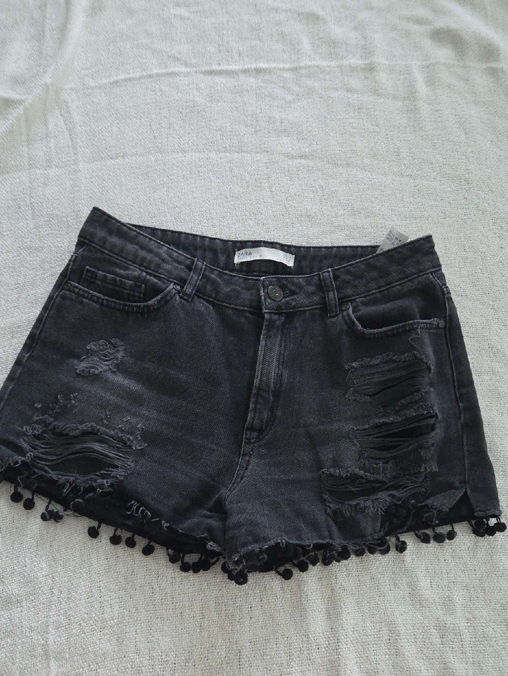 Zara Black Distressed Denim Shorts with Pom-Pom Hem Size 6